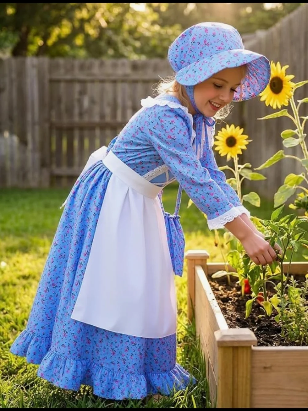 Classic Blue Prairie/ Pioneer Girl Costume with Apron and Bonnet 8-10 Year Olds